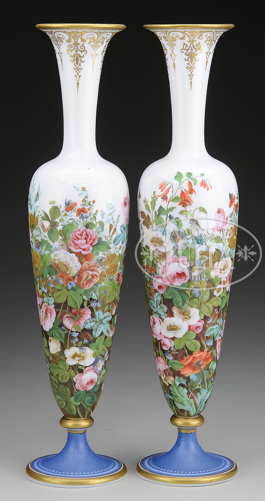 PAIR OF BRISTOL GLASS VASES. Late 19th Century. The matched pair in tall slender form with a - Image 2 of 2