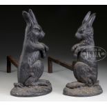 FABULOUS RARE PAIR OF SITTING RABBIT ANDIRONS. Cast-iron, circa first quarter 20th century, by