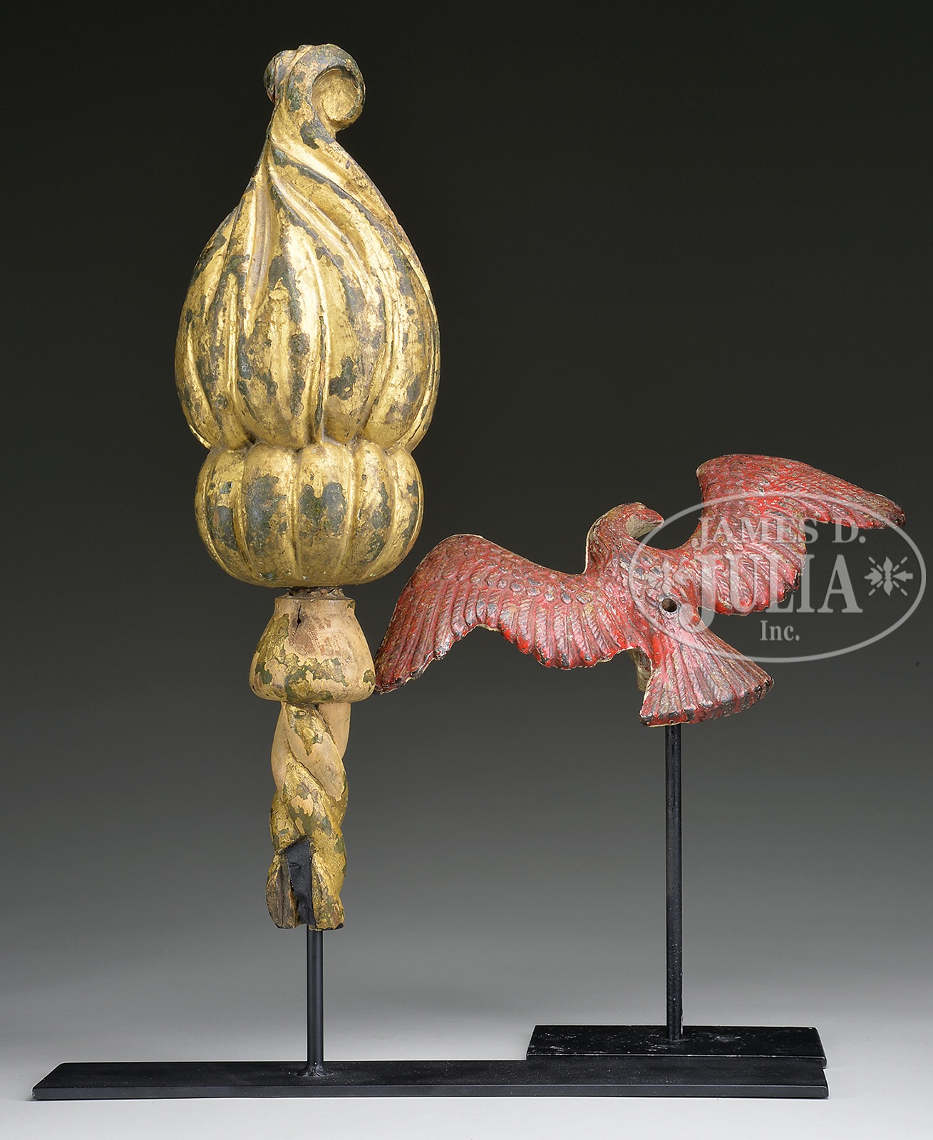 TWO ARCHITECTURAL ELEMENTS: IRON EAGLE AND GILTWOOD FINIAL. 1) 7" h x 15" w, metal painted 3 - Image 2 of 2