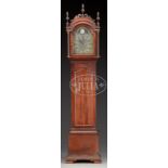 MAHOGANY CHIPPENDALE TALL CASE CLOCK BY THOMAS HARLAND, NORWICH, CT. Circa 1780-1790. Bonnet with