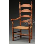 EARLY AMERICAN BIRCH LADDERBACK ARM CHAIR. First quarter 19th Century New England. Four arched slats