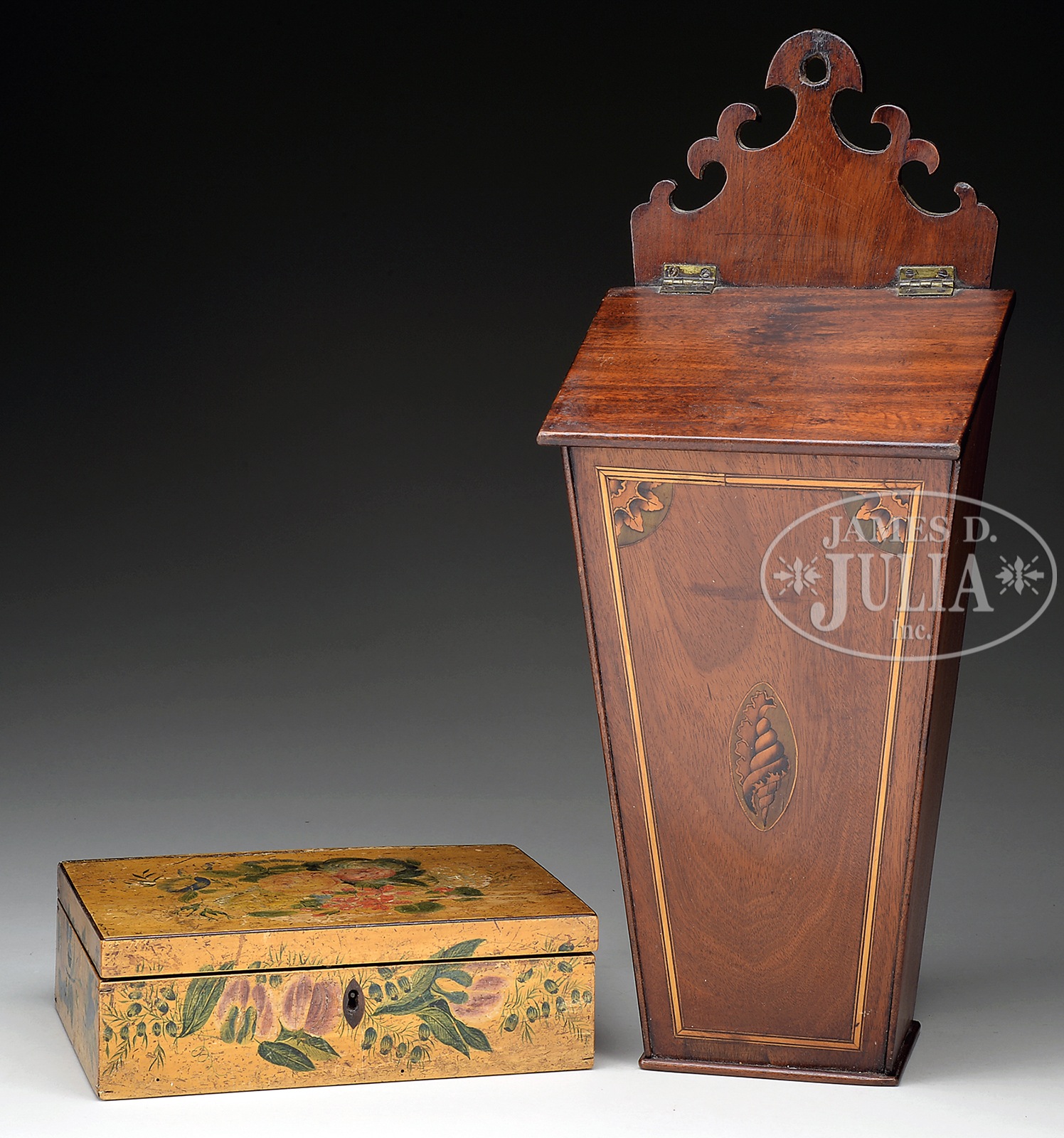 TWO DECORATIVE BOXES AND MAHOGANY PIANO STOOL. 19th century, New England and Great Britain. Nicely