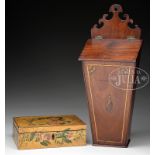 TWO DECORATIVE BOXES AND MAHOGANY PIANO STOOL. 19th century, New England and Great Britain. Nicely
