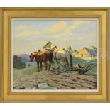 LEO B. BLAKE (American, 1887-1976) "TENDING THE HORSES". Oil on canvas. Housed in a contemporary