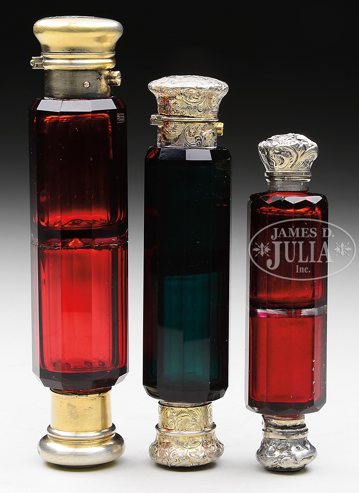 FINE LOT OF 3 COLORED CUT GLASS DOUBLE SCENT BOTTLES. 19th century. 1) 5-1/2_ cranberry cut glass