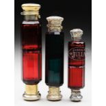 FINE LOT OF 3 COLORED CUT GLASS DOUBLE SCENT BOTTLES. 19th century. 1) 5-1/2_ cranberry cut glass