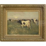 WILLIAM HENRY HOWE (American, 1844 - 1929) COWS GRAZING UNDER LOW SUN. Oil on canvas. Housed in