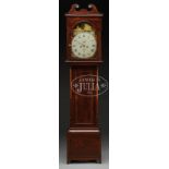 HEPPLEWHITE INLAID MAHOGANY TALL CASE CLOCK. Scottish, circa 1820. A beautiful scenic painted dial