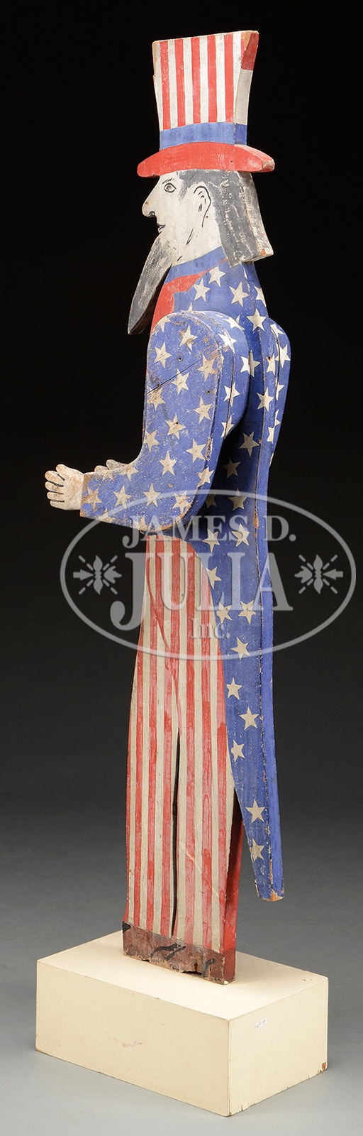 UNCLE SAM CARVED AND PAINTED MAILBOX HOLDER. The standing Uncle Sam in red, white and blue outfit - Image 2 of 2