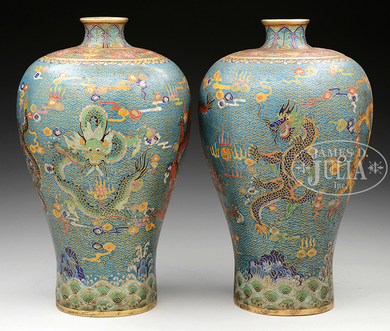 PAIR OF MEIPING FORM CLOISONNE VASES.