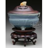 GLAZED POTTERY CENSER WITH WOOD COVER AND JADE FINIAL.