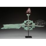 RARE AND UNUSUAL LARGE COPPER QUILL WEATHERVANE WITH BLOWN GLASS TORCH.