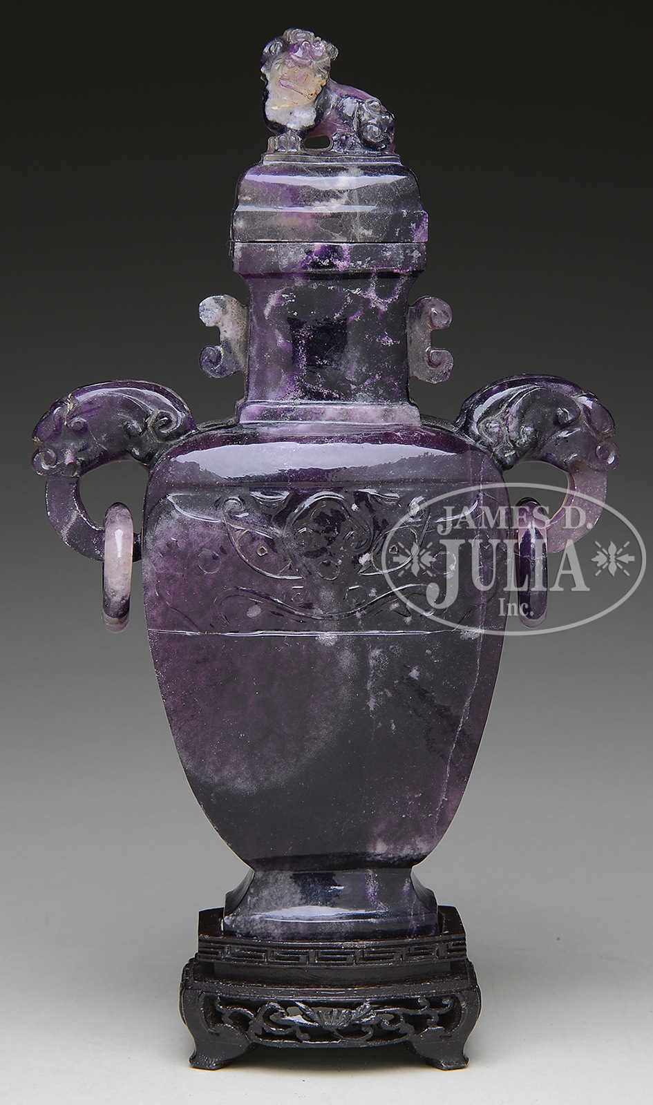 CARVED AMETHYST COVERED VASE.