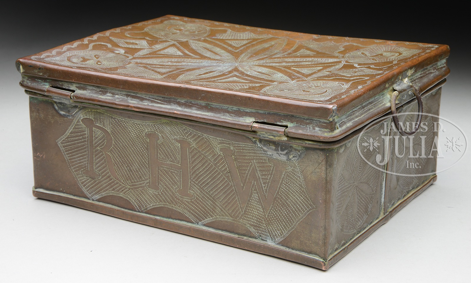 FINE PUNCH DECORATED COPPER VALUABLES BOX. - Image 2 of 2