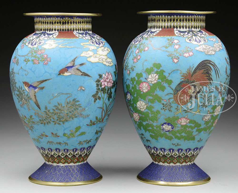 PAIR OF CLOISONNE VASES WITH COCKERELS.