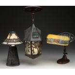 TWO LAMPS AND ONE COPPER LANTERN.