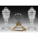 PAIR OF CLEAR SANDWICH WHALE OIL LAMPS AND ORMALU-MOUNTED TRUMPET VASE.