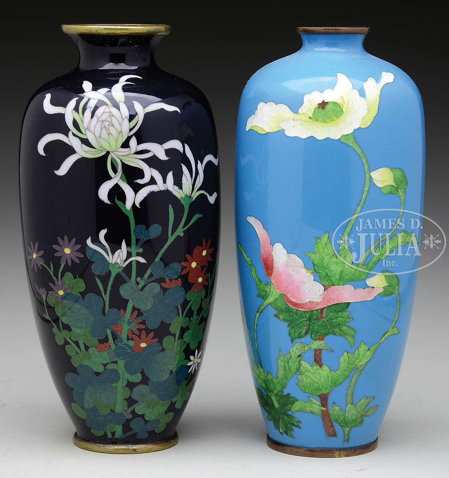 TWO CLOISONNE VASES IN OVOID FORM.