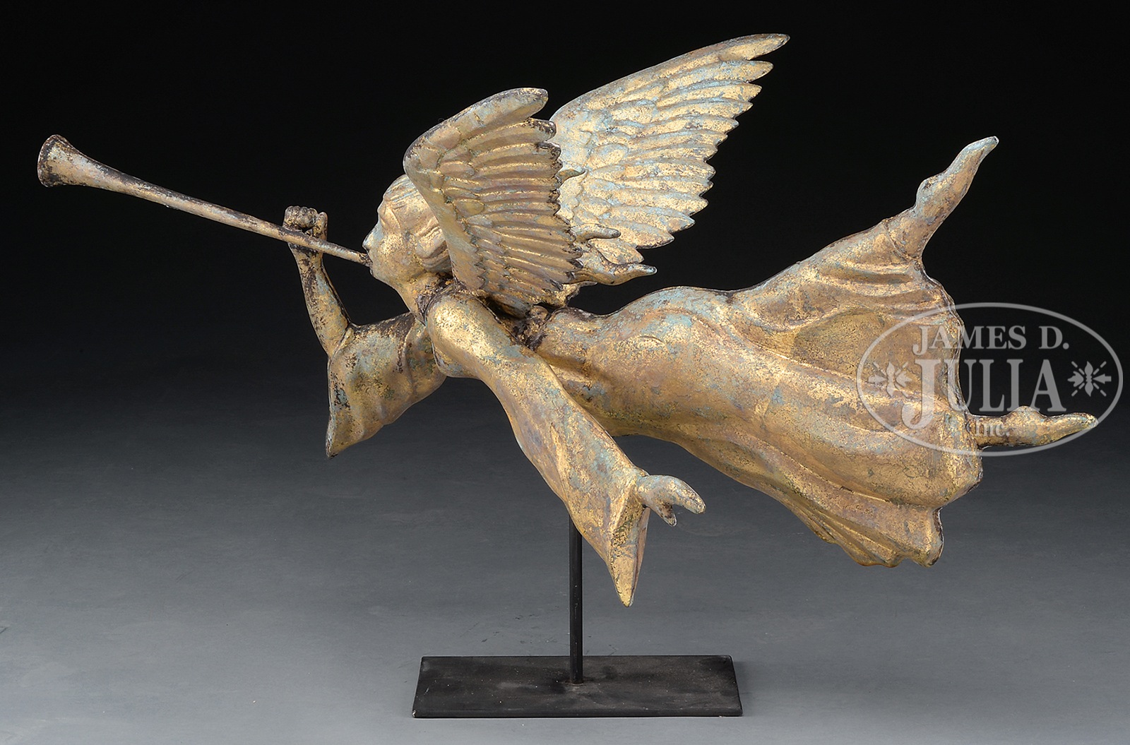 GABRIEL BLOWING HORN FULL BODY MOLDED AND SEAMED COPPER WEATHERVANE. - Image 2 of 2