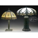 TWO UNSIGNED SLAG GLASS TABLE LAMPS.