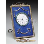 RUSSIAN FABERGE SILVER, ENAMEL AND DIAMOND DESK CLOCK BY A F HOLLMING.