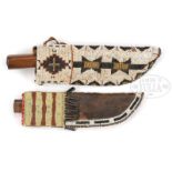 TWO PLAINS STYLE KNIFE SHEATHS WITH TRADE KNIVES.
