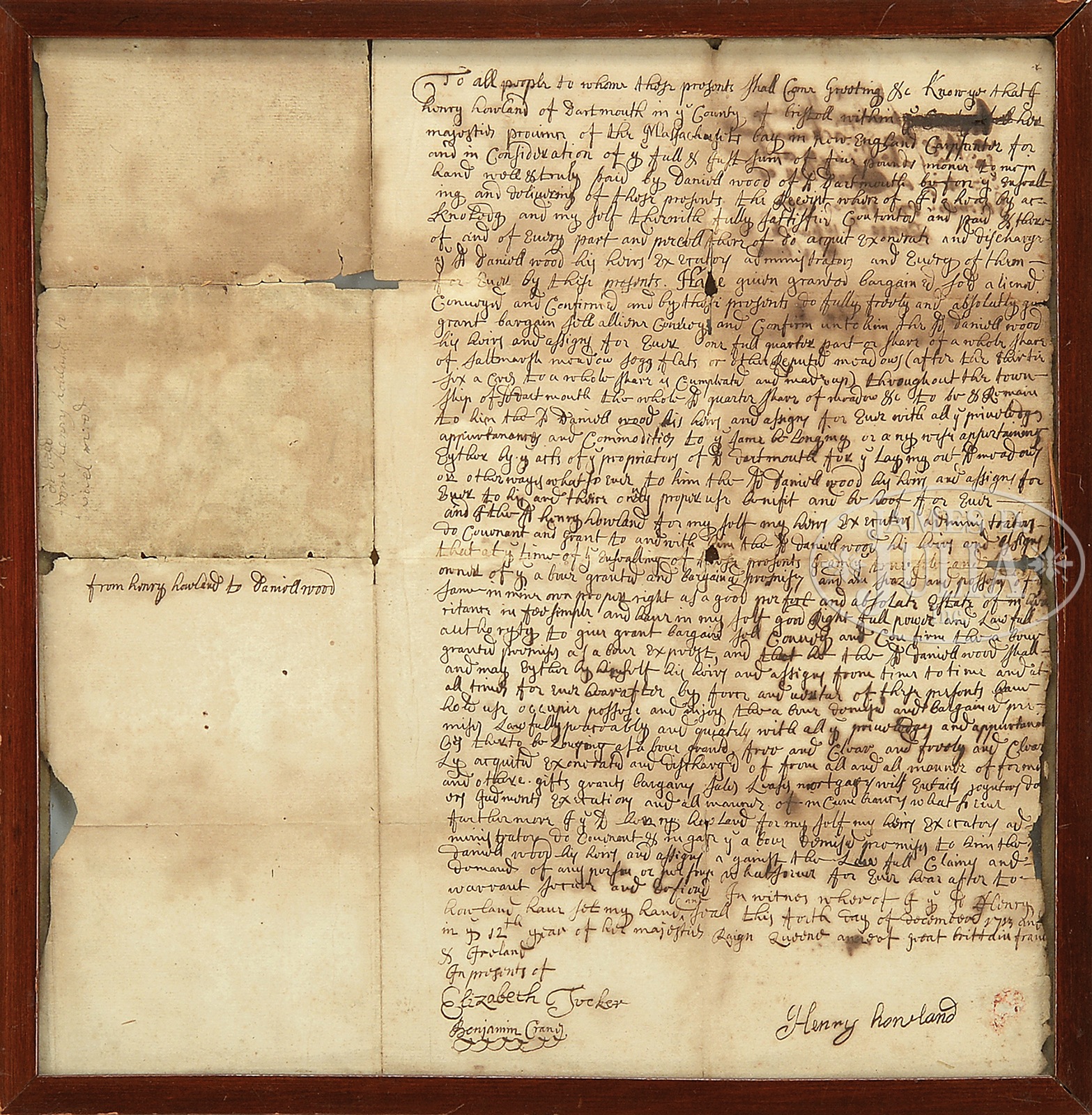 INTERESTING 1713 DEED FOR LAND IN DARTMOUTH SIGNED BY HENRY HOWLAND