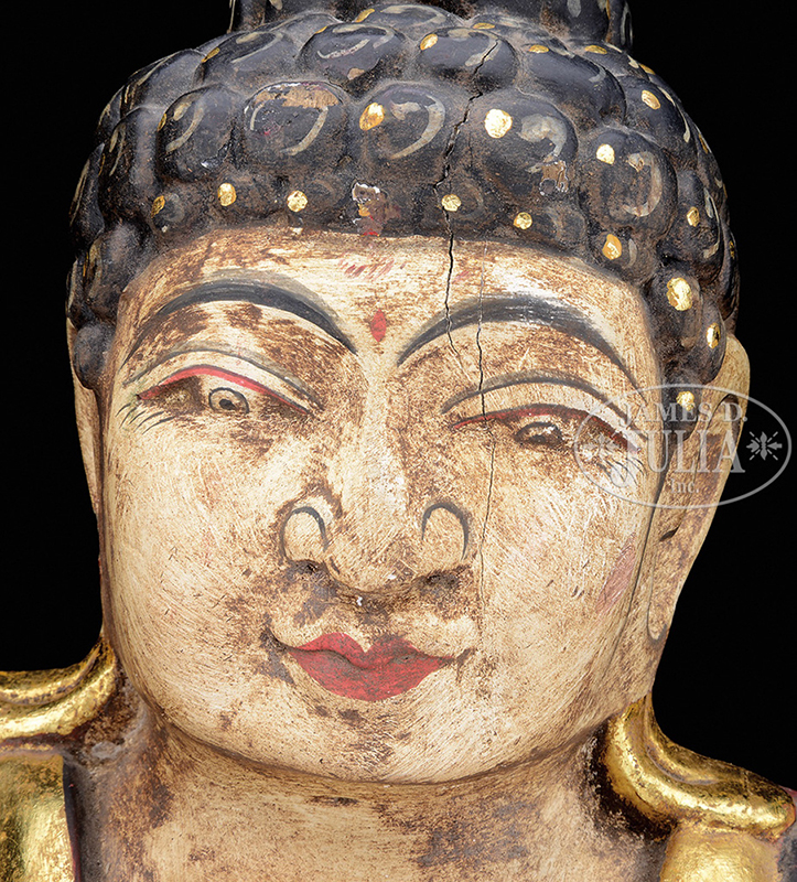 CARVED AND PAINTED WOOD BUDDHA. - Image 3 of 4