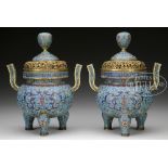 PAIR OF CLOISONNE COVERED CENSERS.