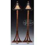 PAIR OF OAK ARTS AND CRAFTS REVIVAL FLOOR LAMPS WITH MICA SHADES BY AURORA STUDIOS.