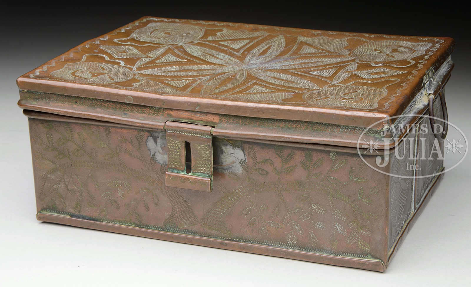 FINE PUNCH DECORATED COPPER VALUABLES BOX.