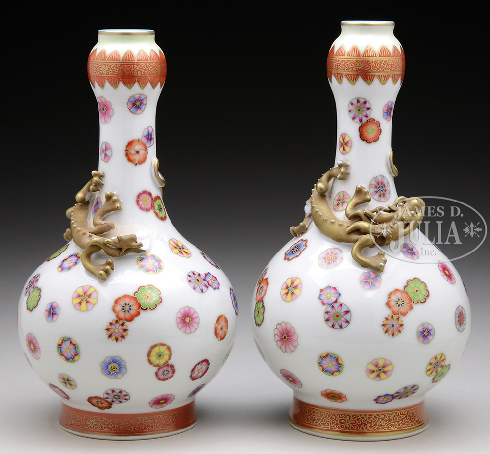 PAIR OF PORCELAIN BOTTLE VASES.