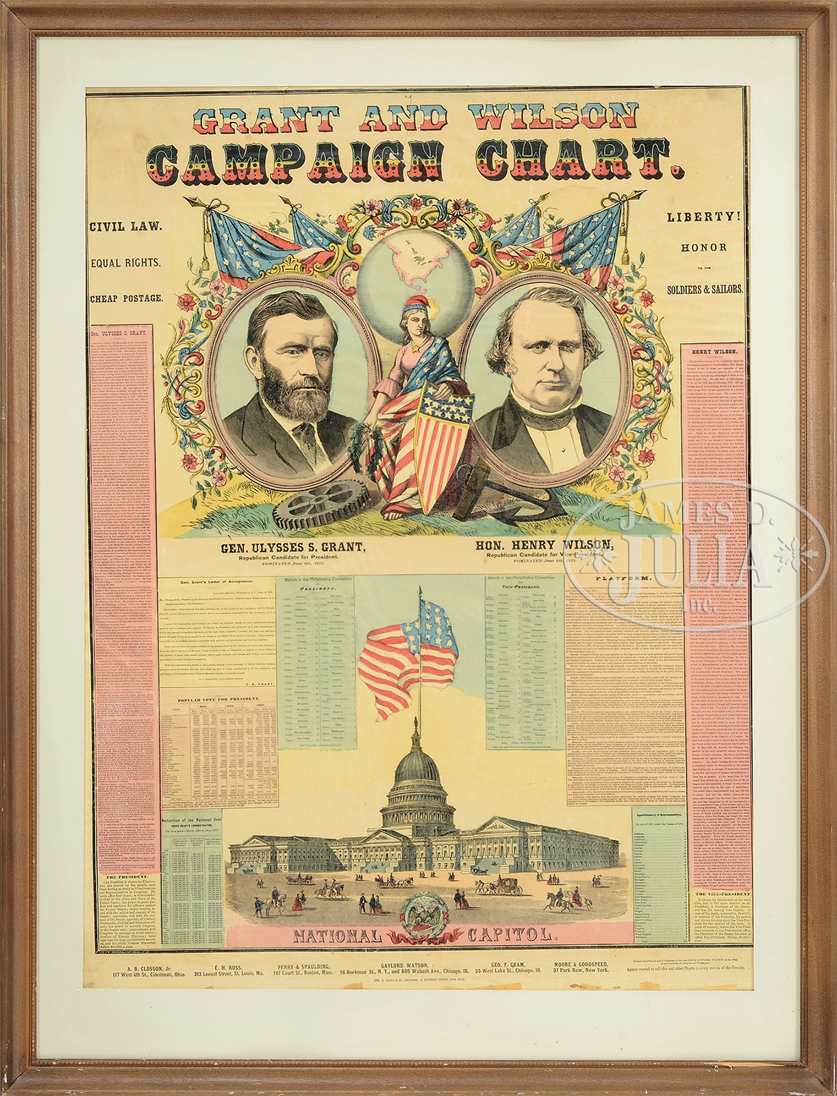 FRAMED RARE 1872 U.S. GRANT AND WILSON 5-COLOR PRESIDENTIAL CAMPAIGN POSTER.