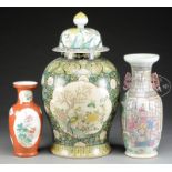 MASSIVE FAMILLE VERTE JAR AND COVER, PORCELAIN BALUSTER VASE, AND FAMILLE ROSE BALUSTER VASE.