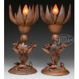 PAIR OF CARVED WOOD ARTICULATED LAMPS.