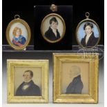 LOT OF FIVE FRAMED, ANTIQUE MINIATURE PORTRAITS.