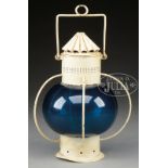 PAINTED TIN SHIP'S LANTERN WITH RARE BLUE-GREEN ONION GLASS GLOBE.