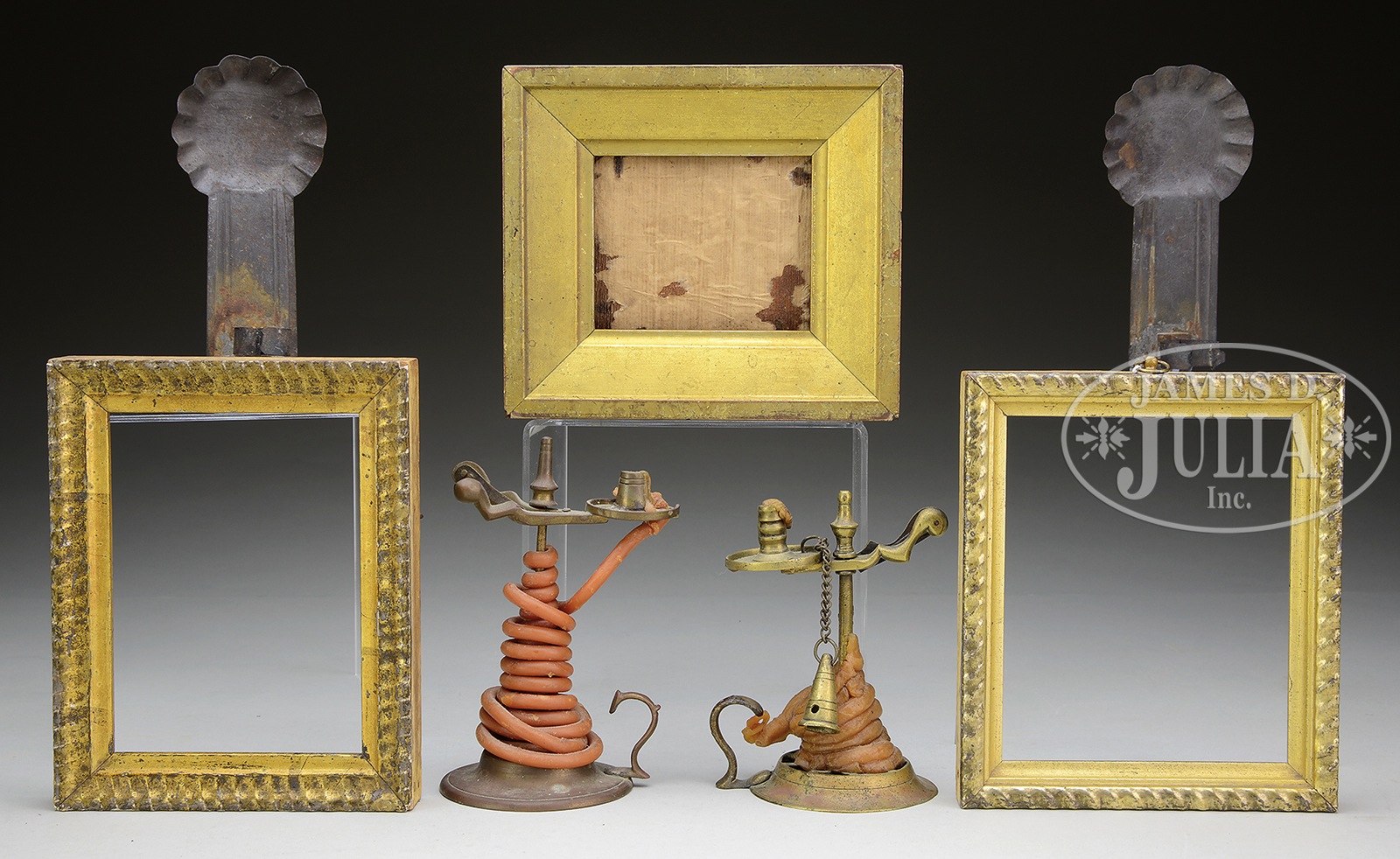 PAIR OF BRASS WAXJACKS, PAIR OF MINIATURE TIN WALL SCONCES AND THREE EARLY MINIATURE FRAMES.