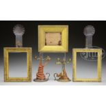 PAIR OF BRASS WAXJACKS, PAIR OF MINIATURE TIN WALL SCONCES AND THREE EARLY MINIATURE FRAMES.