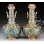 PAIR OF CLOISONNE LOTUS VASES.