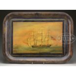 OUTSTANDING SHIP DECORATED ANTIQUE TOLE WARE TRAY.