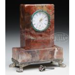 RUSSIAN SILVER, AGATE, ENAMEL AND DIAMOND DESK CLOCK.