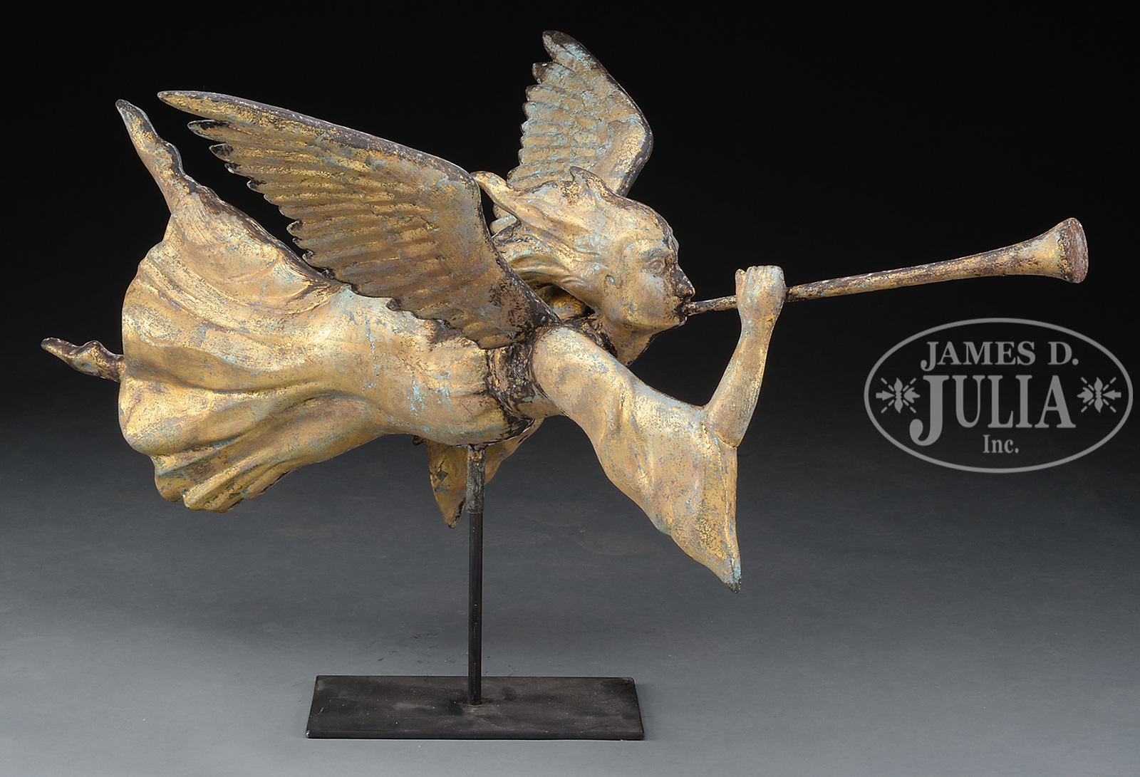 GABRIEL BLOWING HORN FULL BODY MOLDED AND SEAMED COPPER WEATHERVANE.