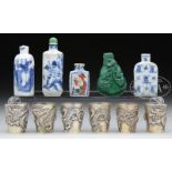 LOT OF FIVE SNUFF BOTTLES ALONG WITH SIX SILVER CORDIALS.