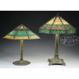 TWO LARGE SLAG GLASS LAMPS.