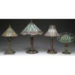 FOUR METAL OVERLAY LAMPS.