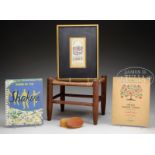 GROUP OF FIVE SHAKER RELATED ITEMS INCLUDING COVERED BOX, SILK BOOKMARK, FOOTSTOOL, AND SHEET MUSIC.