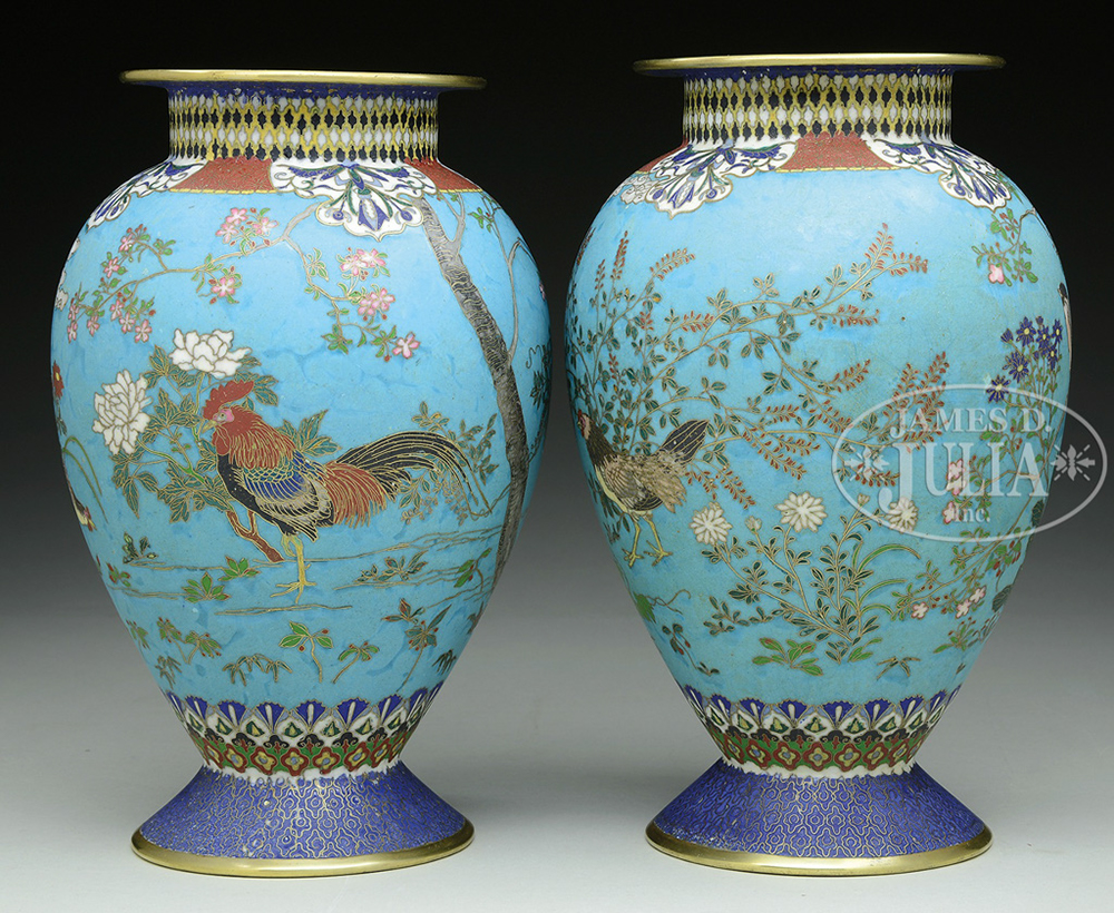 PAIR OF CLOISONNE VASES WITH COCKERELS. - Image 2 of 2