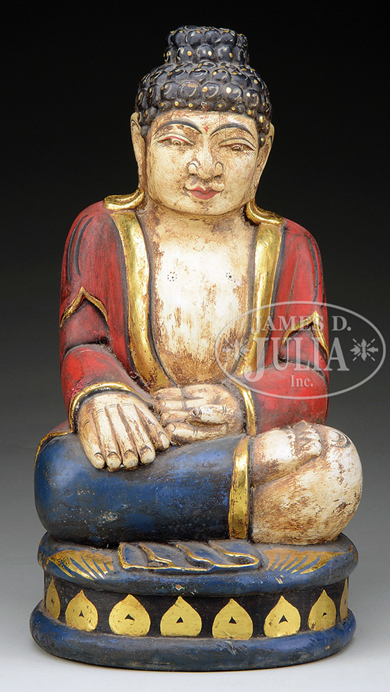 CARVED AND PAINTED WOOD BUDDHA.