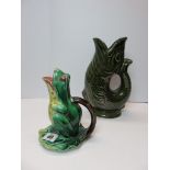 MAJOLICA, Novelty frog shaped majolica jug; also Dartmouth green glazed fish jug